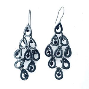 Chandelier Black Beaded Teardrop Statement Earrings Y2K Dangle Drop Dark Silver